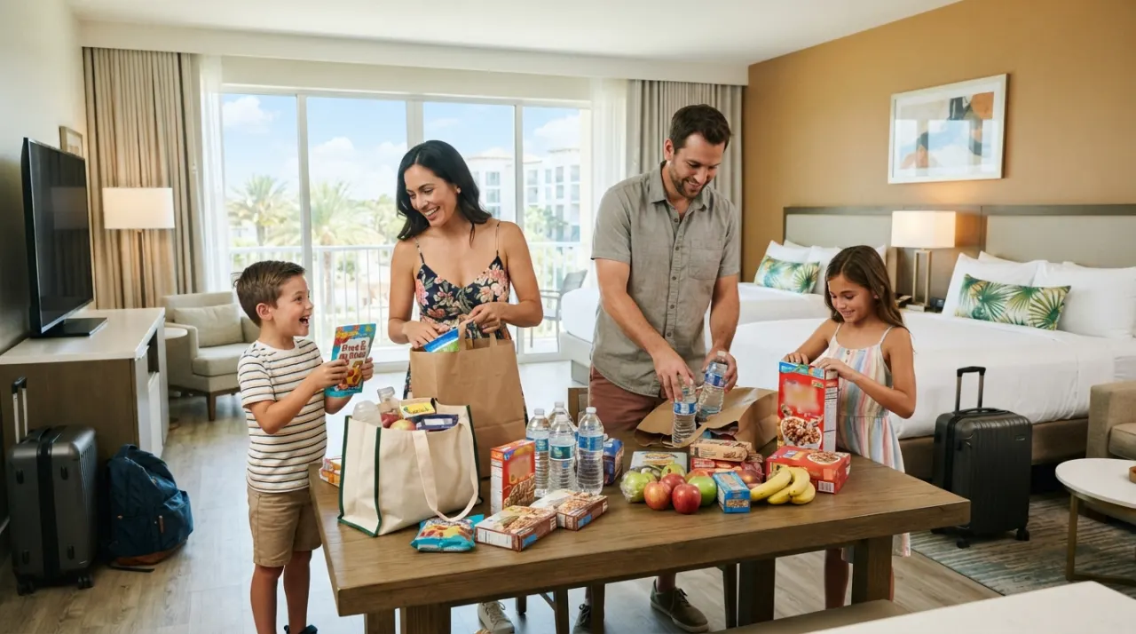 Parents unpacking groceries and snacks on a resort hotel table while children sit nearby