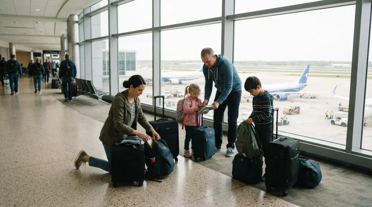 Parents and children organizing suitcases and backpacks inside a bright airport terminal
