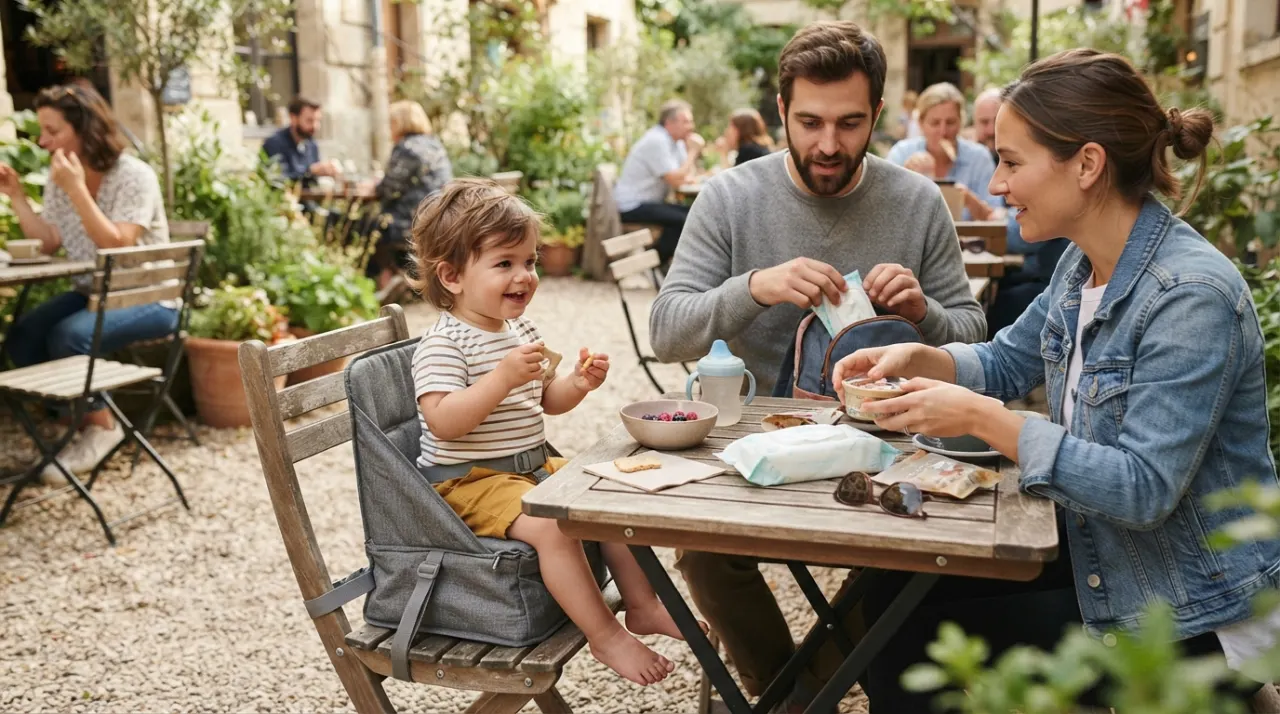 Toddler seated in a portable booster at an outdoor cafe table while a parent arranges snacks