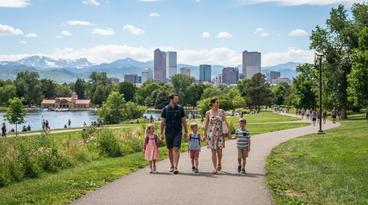 Family walking through a grassy Denver park with the city skyline and mountains in the distance