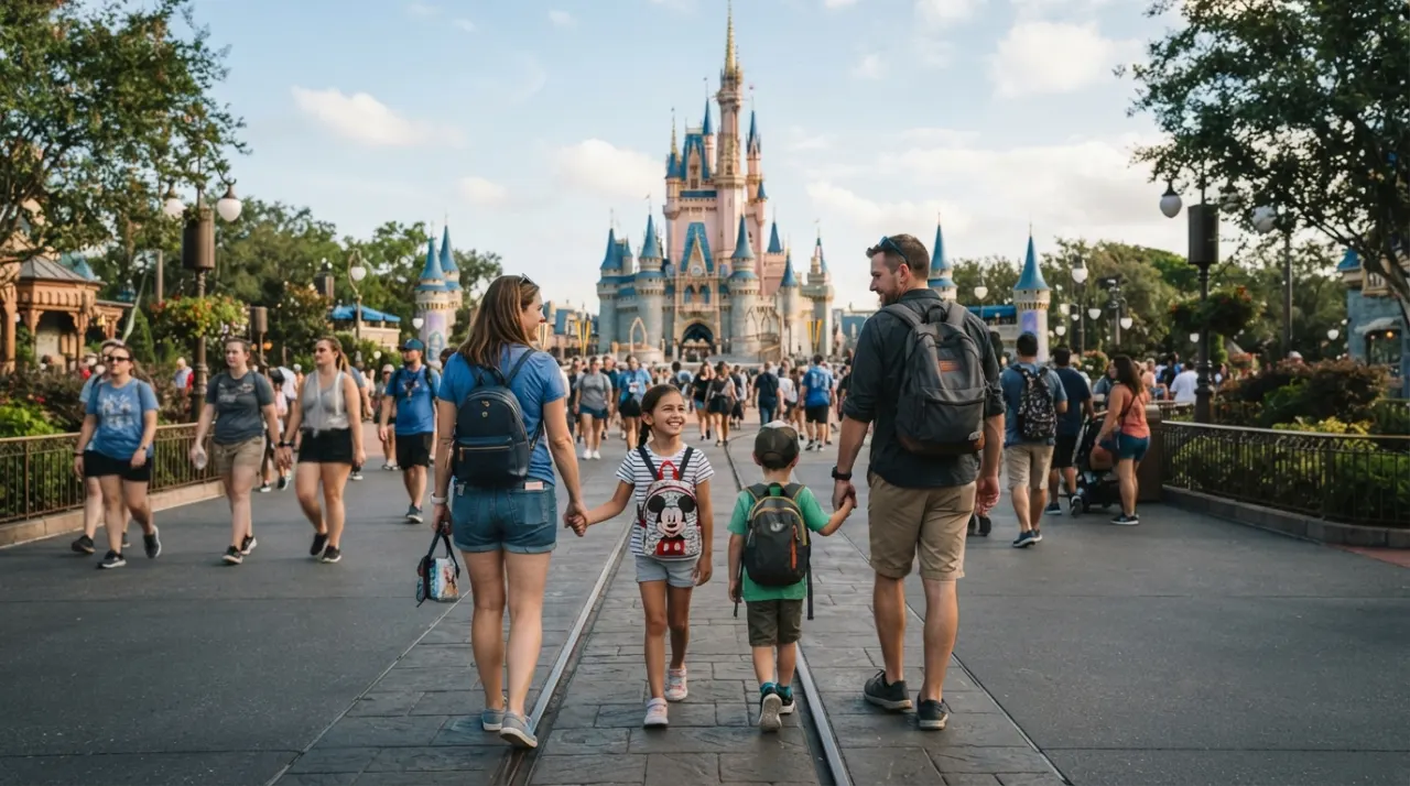 Family with elementary-age children walking through a sunny Disney park pathway