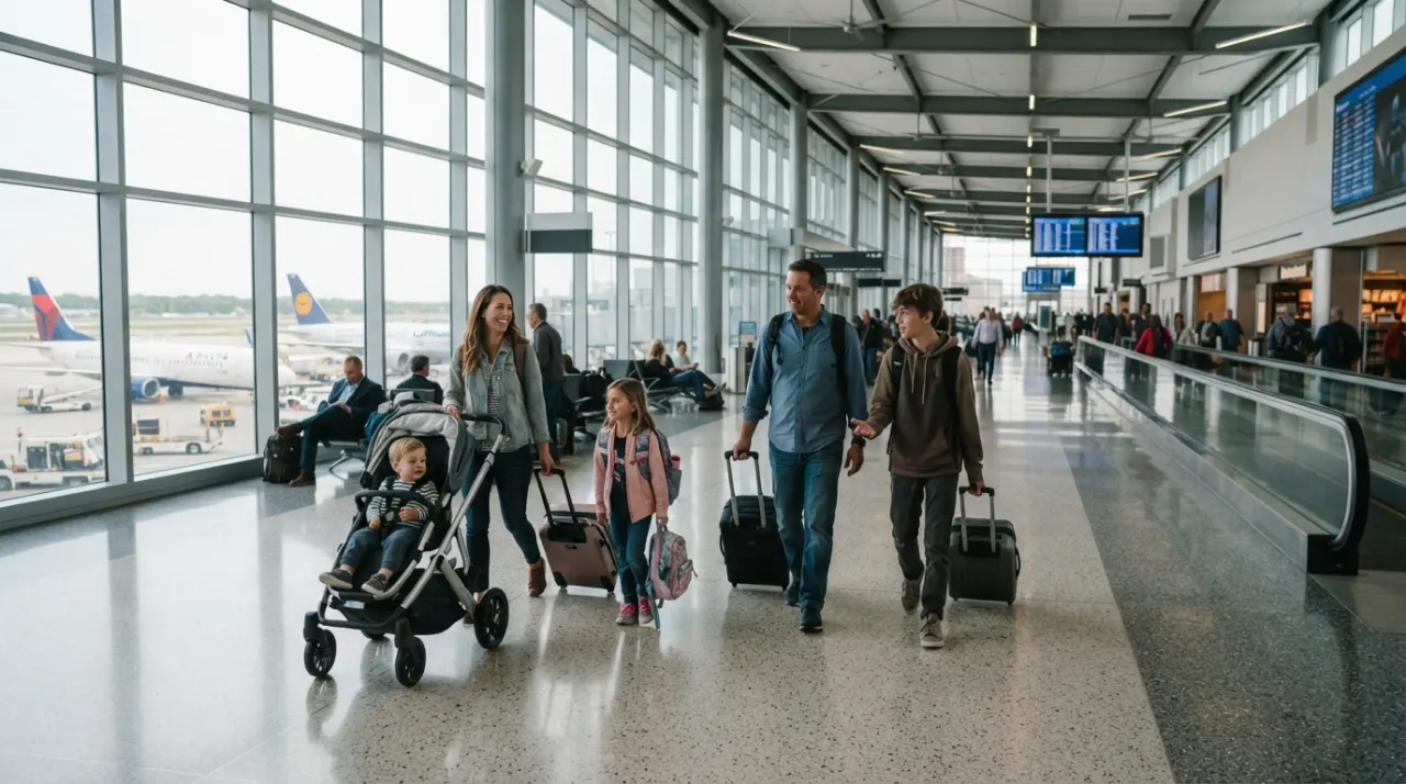 Family with children of different ages walking through an airport terminal with luggage and a stroller