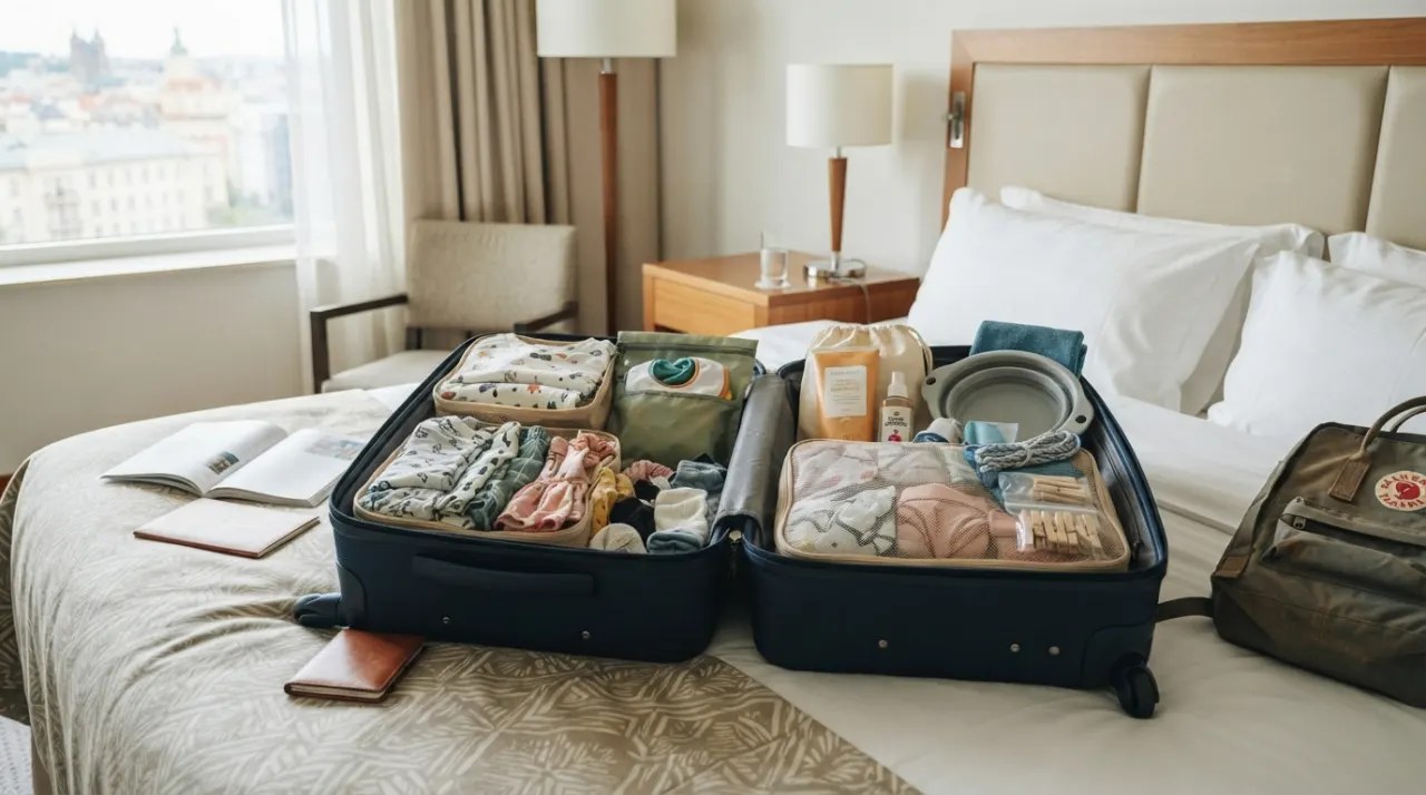 Open suitcase on a hotel bed with children’s clothes and small laundry bags organized for a family trip