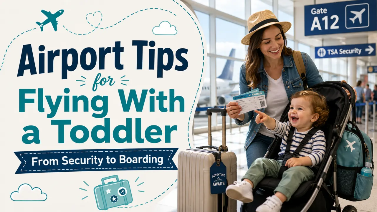 Parent traveling through an airport terminal with a toddler and carry-on luggage