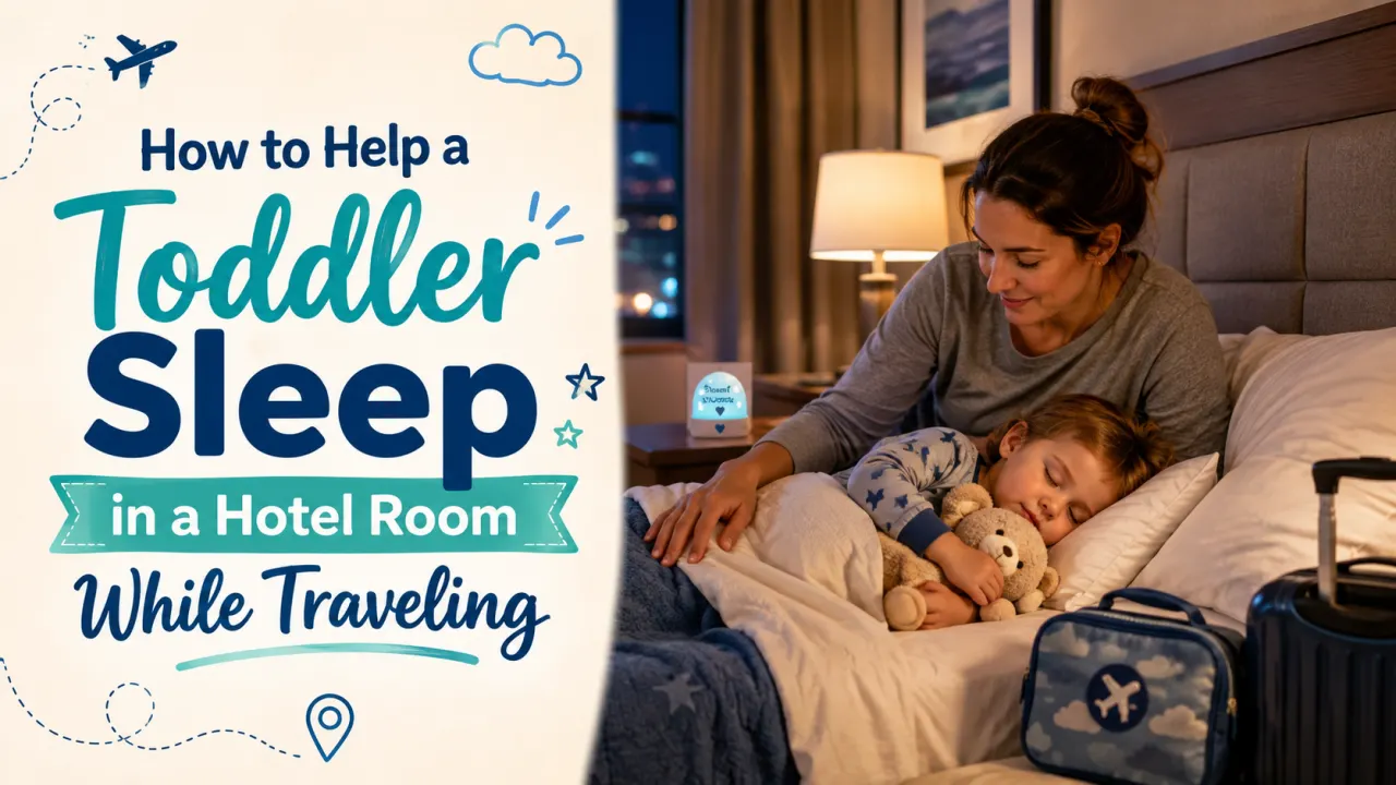 Toddler sleeping comfortably in a hotel room while traveling with family