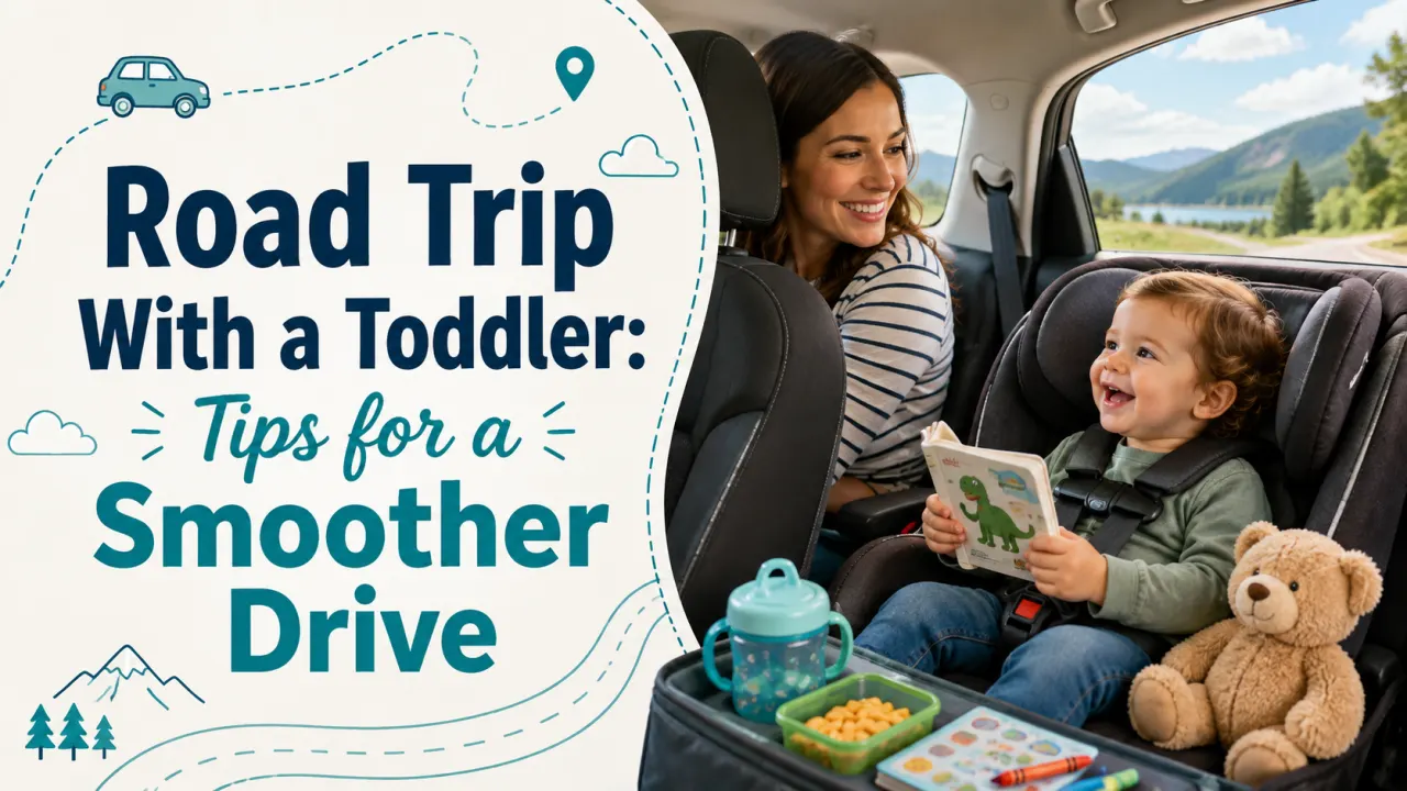 Family taking a road trip with a toddler riding comfortably in the back seat