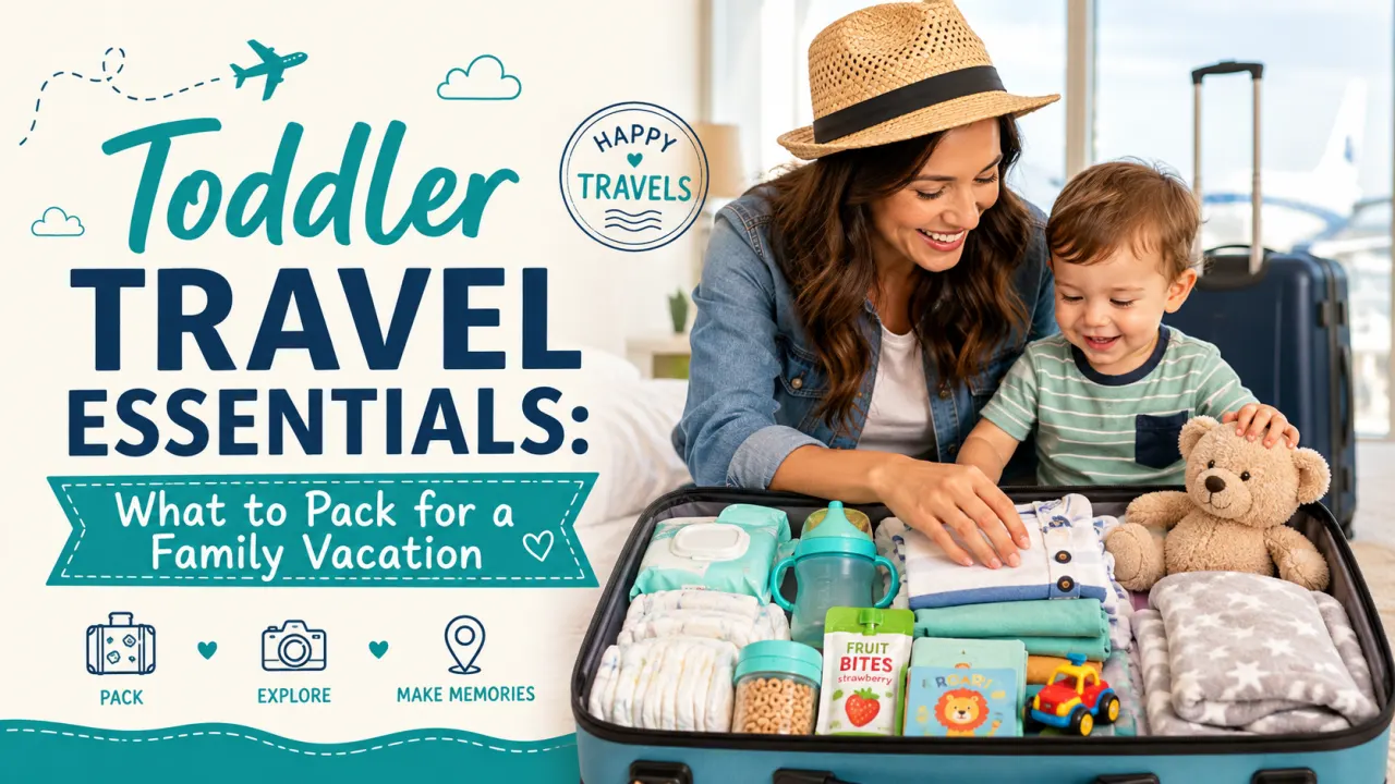 Toddler travel essentials organized and packed for a family vacation