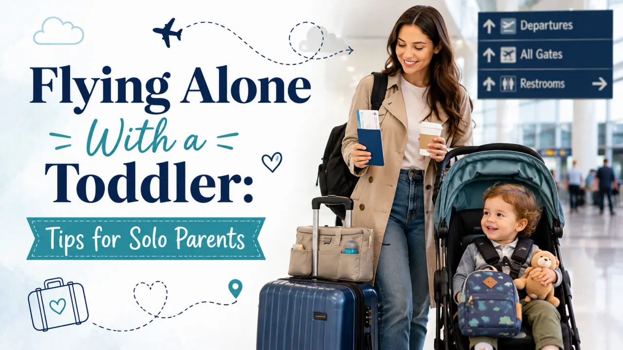 Parent flying alone with a toddler while carrying luggage through an airport