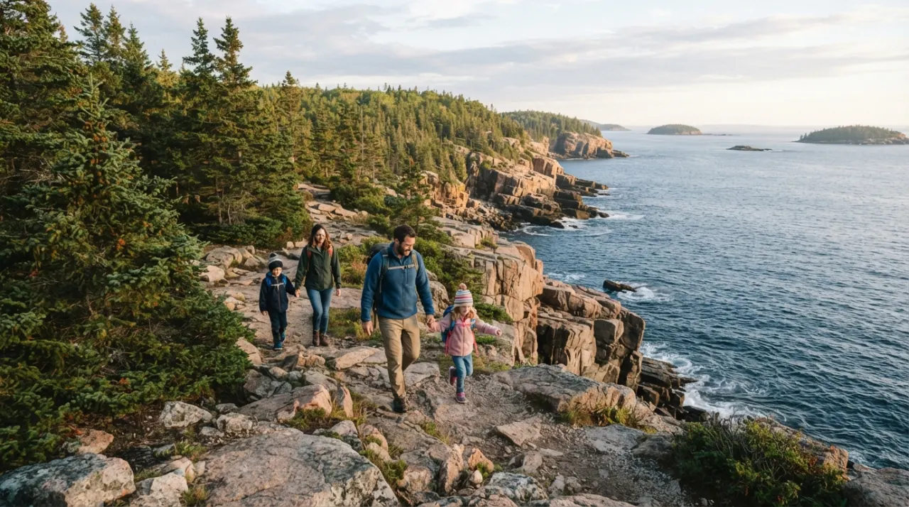 Family walking along a rocky coastal trail in Acadia National Park with ocean cliffs in the background