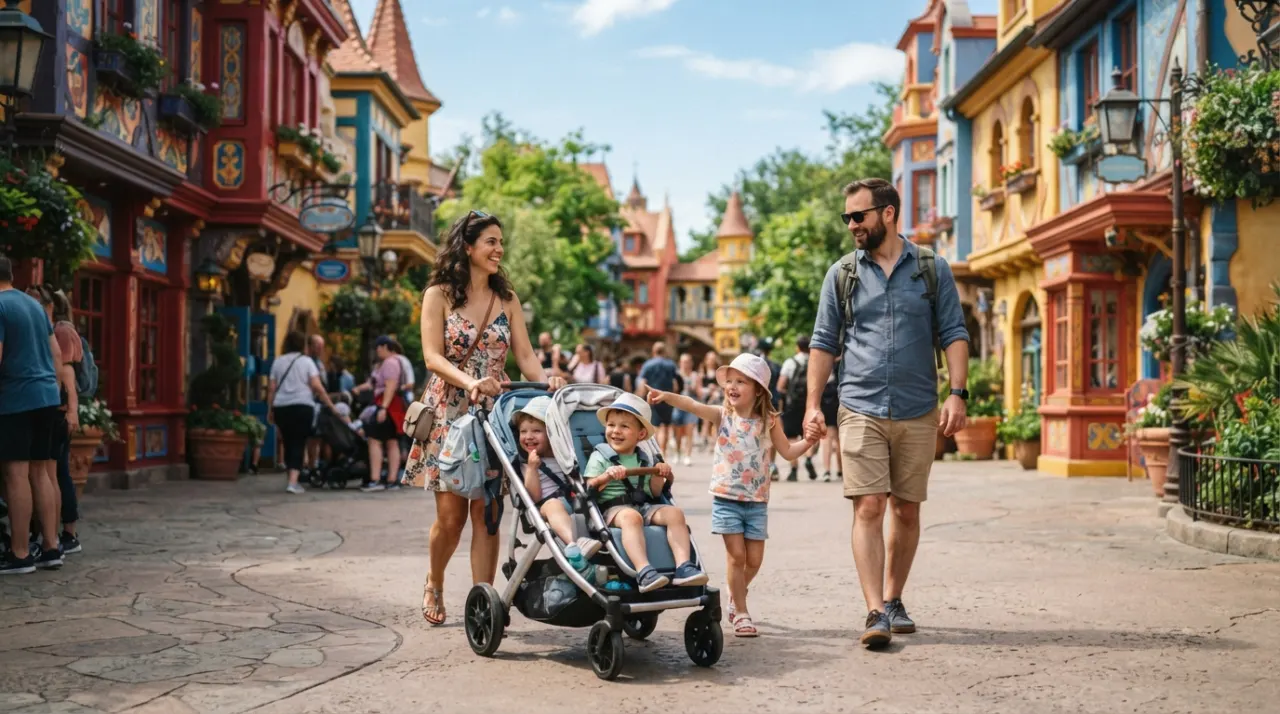 Family pushing a stroller along a sunny Disney World theme park pathway