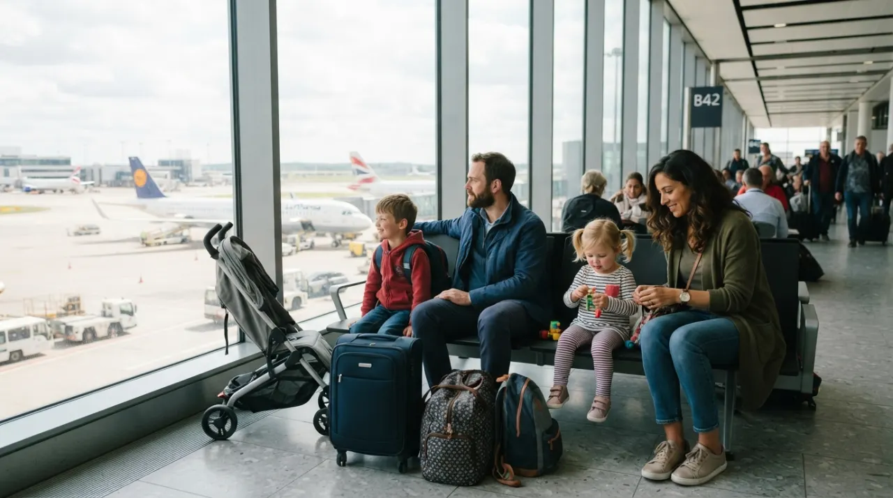 Family with children resting by large airport windows during a flight connection