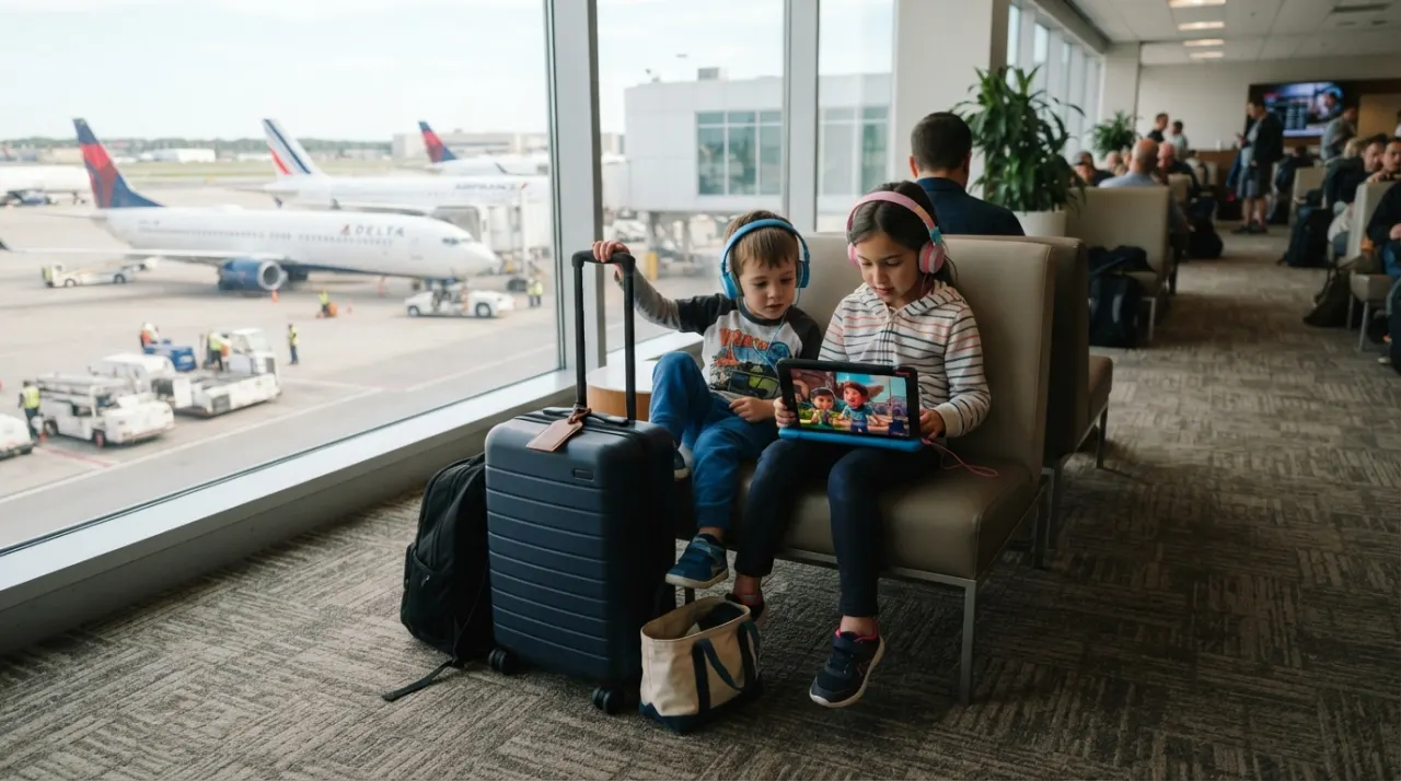 Children wearing headphones and watching a tablet beside carry-on bags in an airport lounge