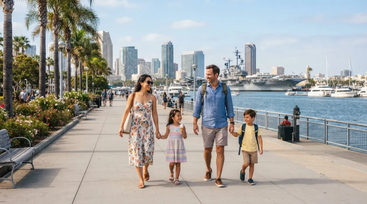 Parents and children walking near the San Diego waterfront with palm trees and the bay in the background