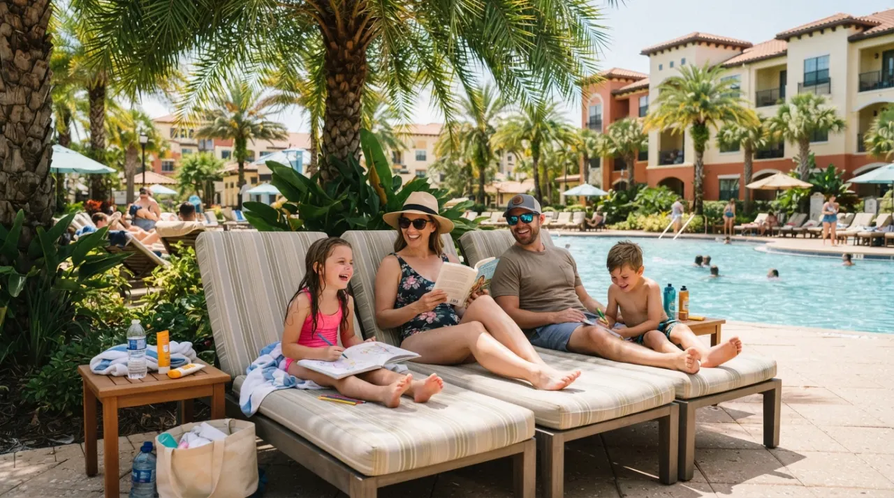 Family relaxing beside a sunny resort pool with palm trees after a busy theme park day