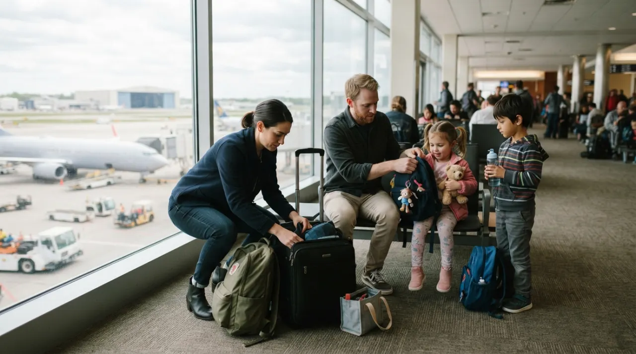 Parents helping two children with backpacks and luggage near a bright airport terminal window