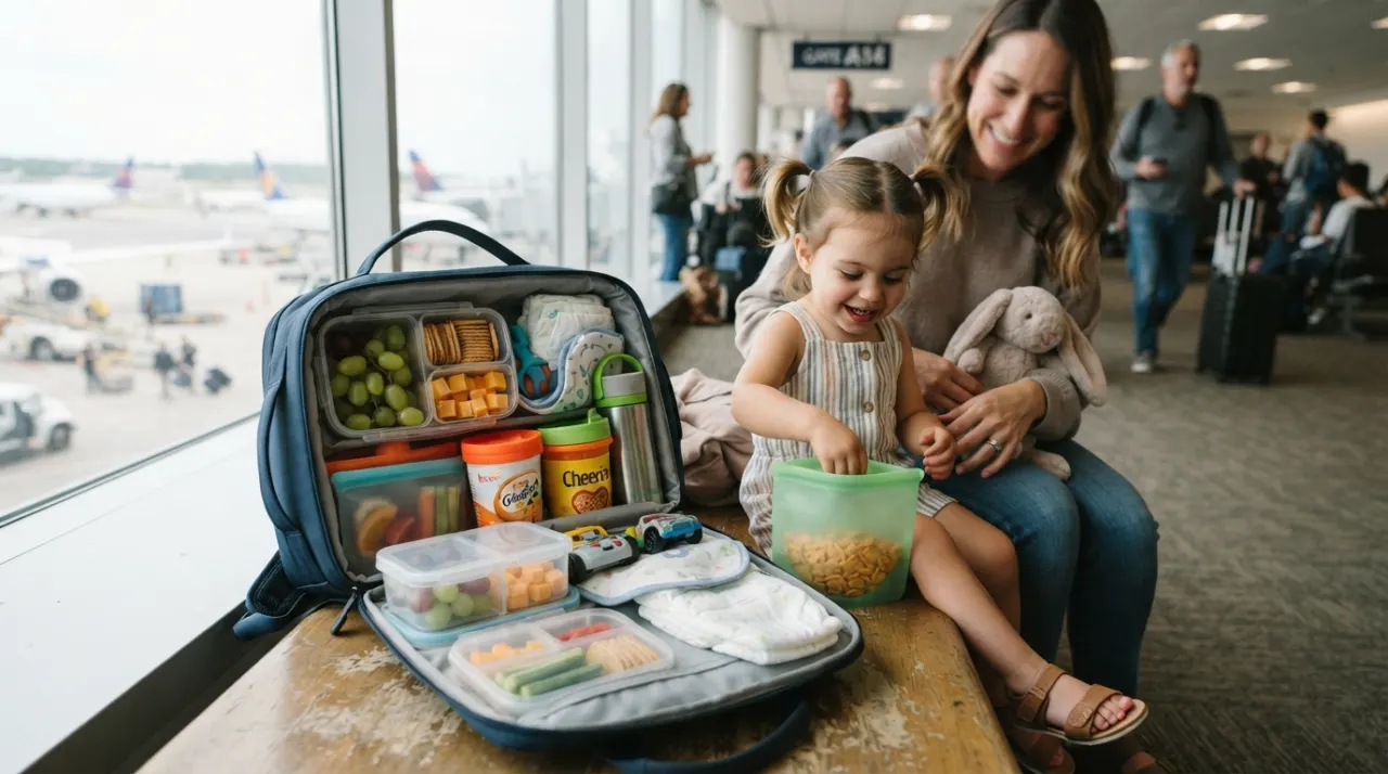 Open family carry-on bag with toddler snack containers and reusable bags on an airport bench