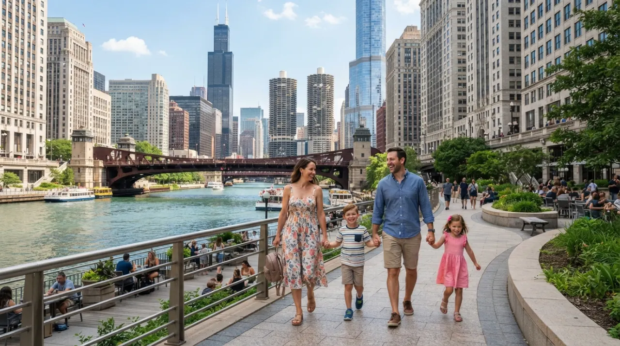 Family walking beside the Chicago River with bridges and downtown skyscrapers in the background