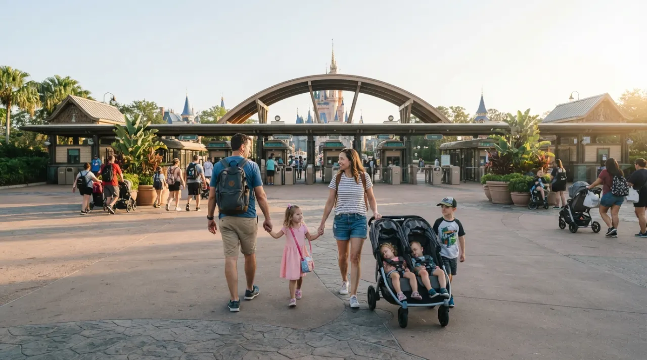 Family with children and a stroller arriving at a Disney park entrance in the early morning
