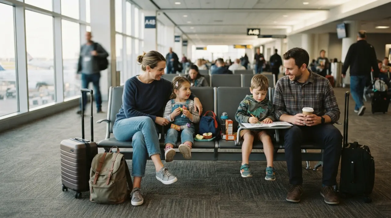 Parents and young children waiting with carry-on bags near an airport gate