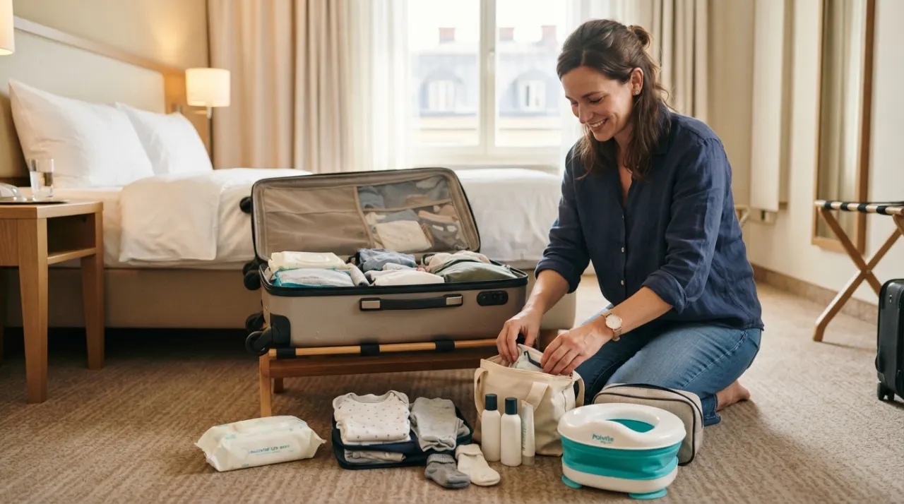Parent packing toddler bathroom supplies and a compact potty beside an open suitcase in a hotel room