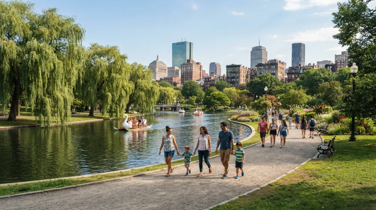 Families strolling beside the lagoon in Boston Public Garden on a sunny day
