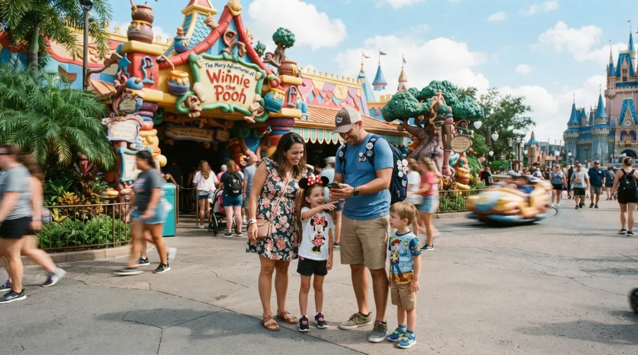 Parents and children checking a phone together near a colorful theme park ride entrance