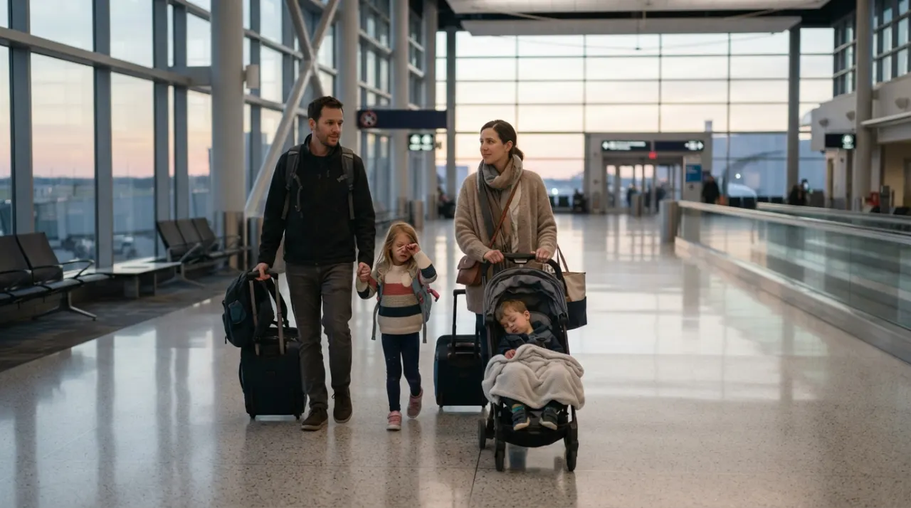 Parents guiding sleepy children with luggage through a quiet airport terminal in the early morning