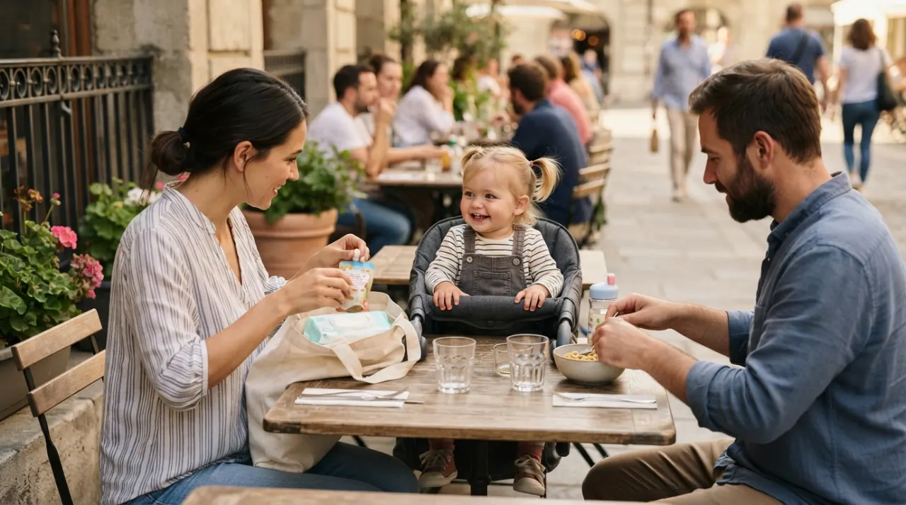 Toddler sitting in a portable feeding seat at an outdoor cafe table while parents prepare snacks