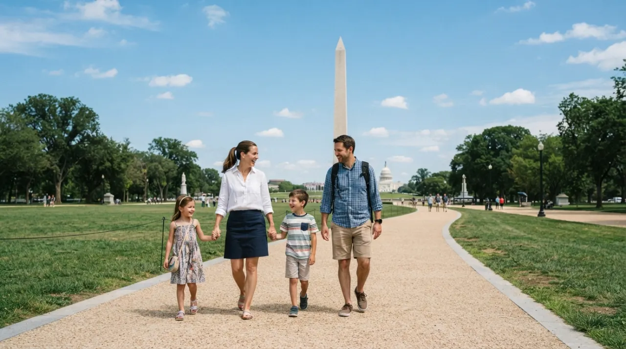 Parents and children walking across the National Mall with the Washington Monument rising behind them