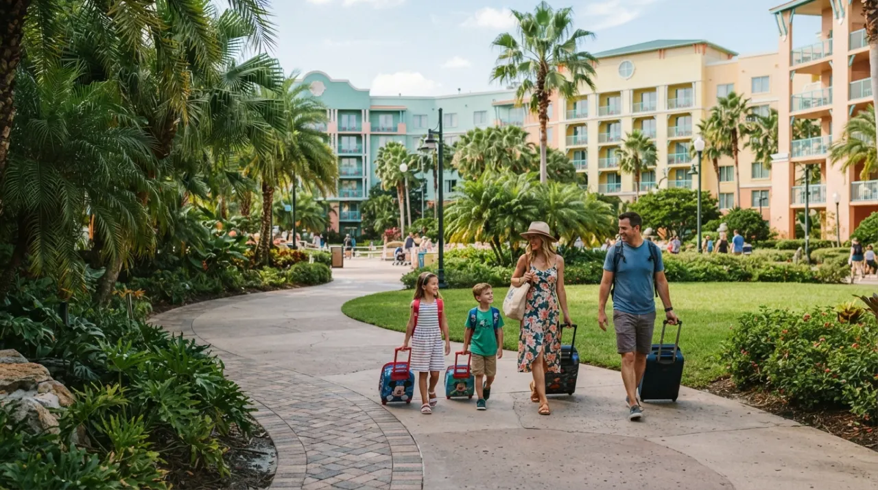 Family pulling suitcases along a sunny Disney resort walkway with palm trees and colorful hotel buildings