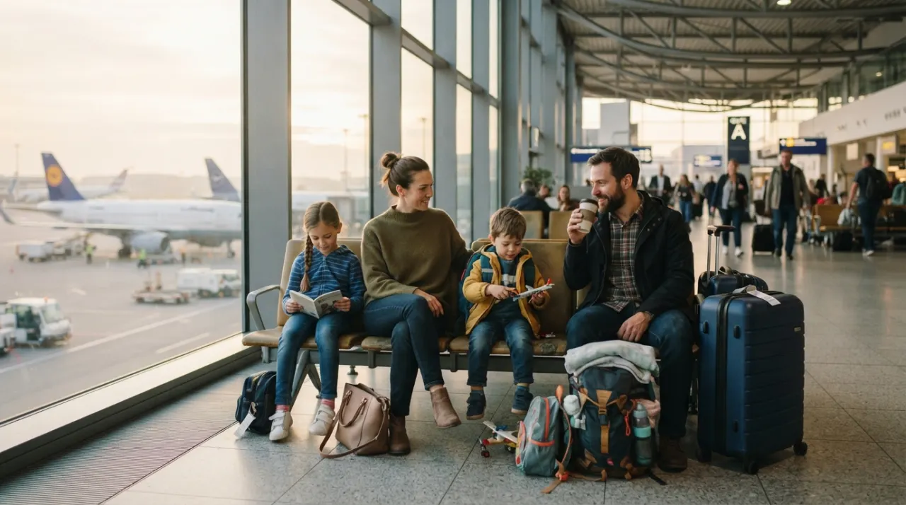 Parents and young children sitting with carry-on bags near bright airport windows