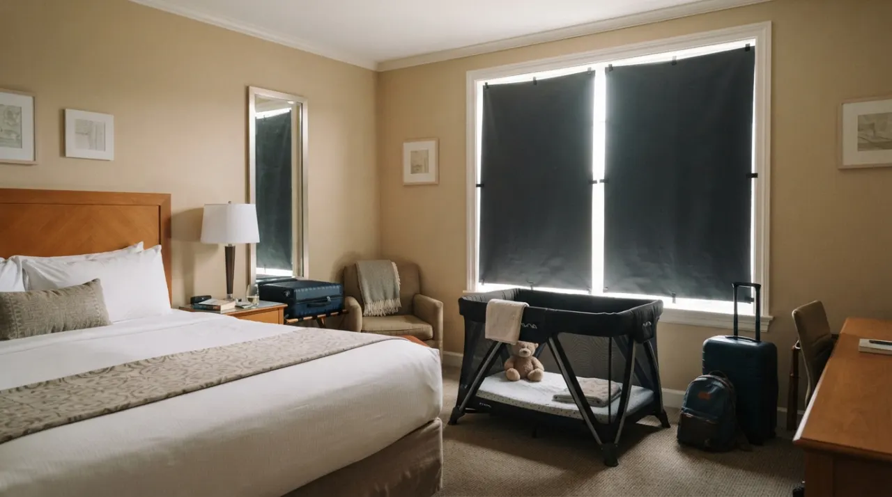 Portable crib set up in a hotel room beside a window covered with temporary blackout shades