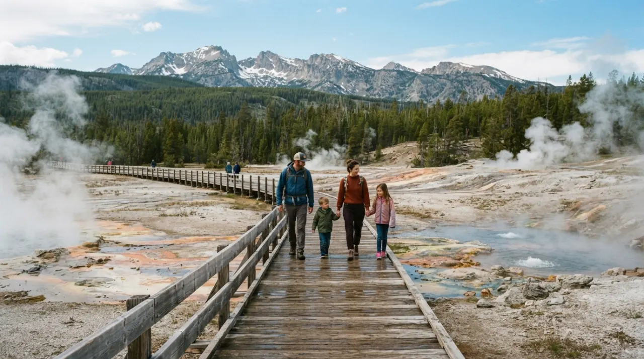 Family walking on a wooden boardwalk near steaming geothermal pools in Yellowstone National Park