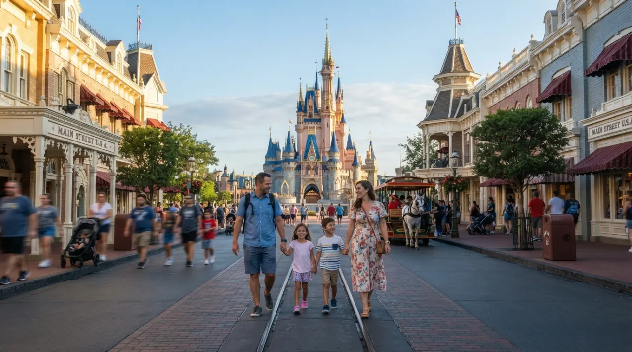Family with children walking through a Disney theme park toward a fairytale castle in the morning