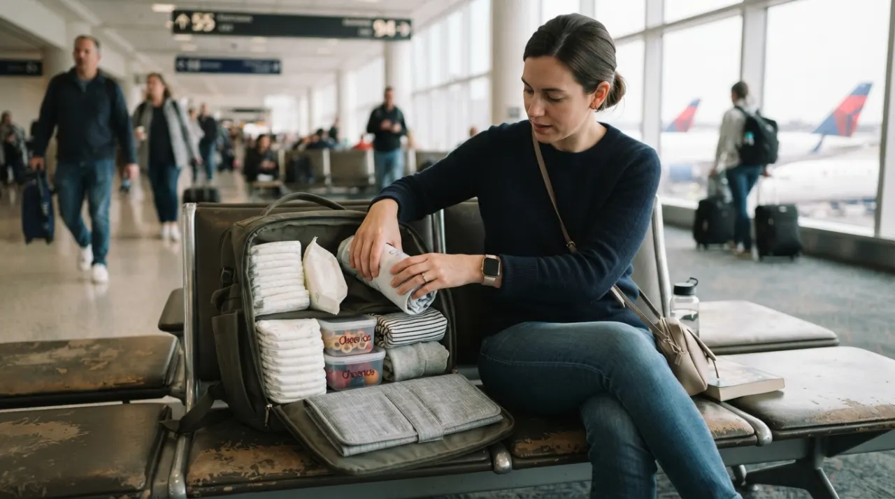 Parent organizing diapers, wipes, baby clothes, and small pouches in a backpack at an airport bench