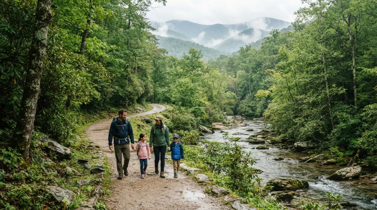 Family walking on a wooded trail beside a creek in the Great Smoky Mountains