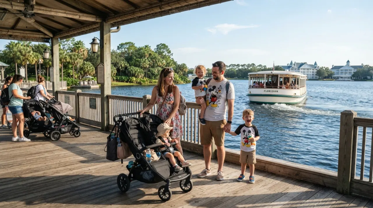 Family with children and a stroller waiting near a sunny resort transportation dock