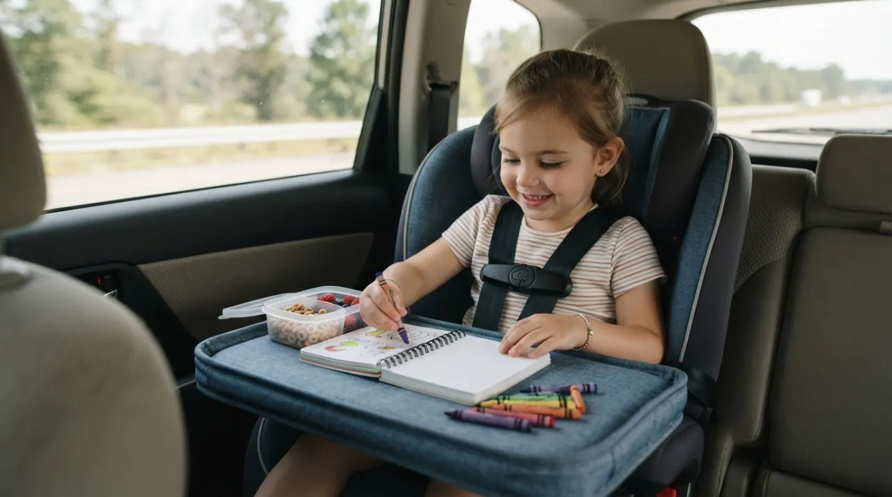 Child using a soft activity tray with crayons and snacks while buckled into a car seat