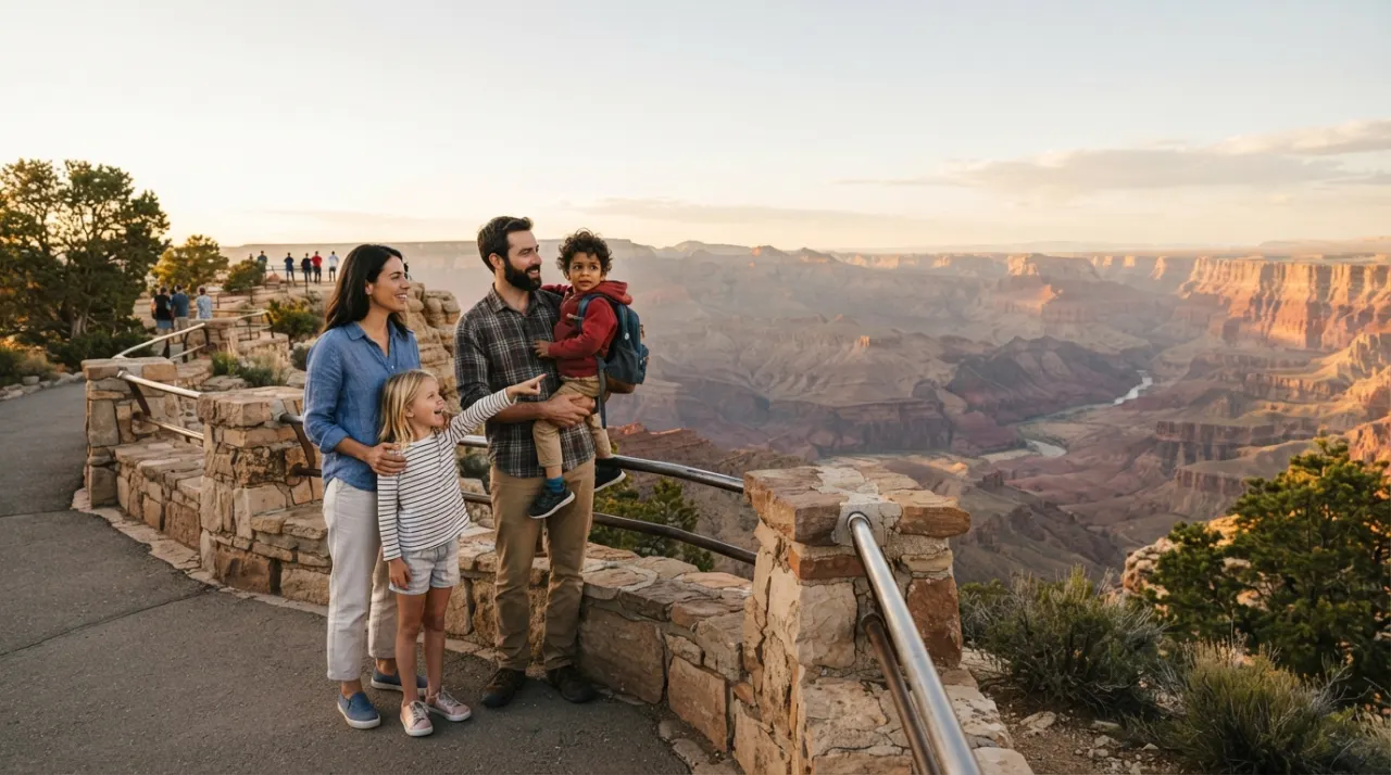 Family standing at a protected Grand Canyon overlook with layered red rock cliffs in the distance