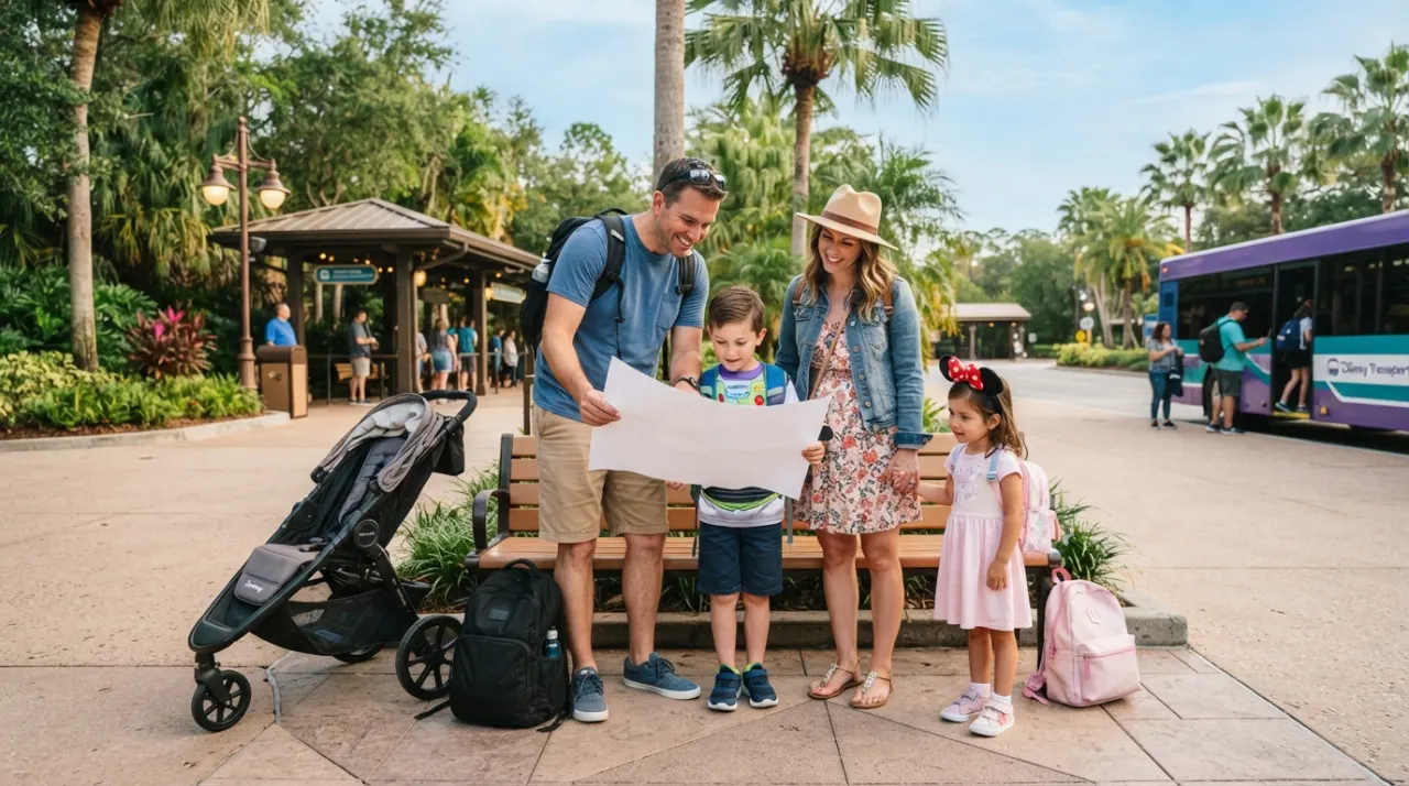 Family with children reviewing a park map near Disney World transportation with a stroller beside them