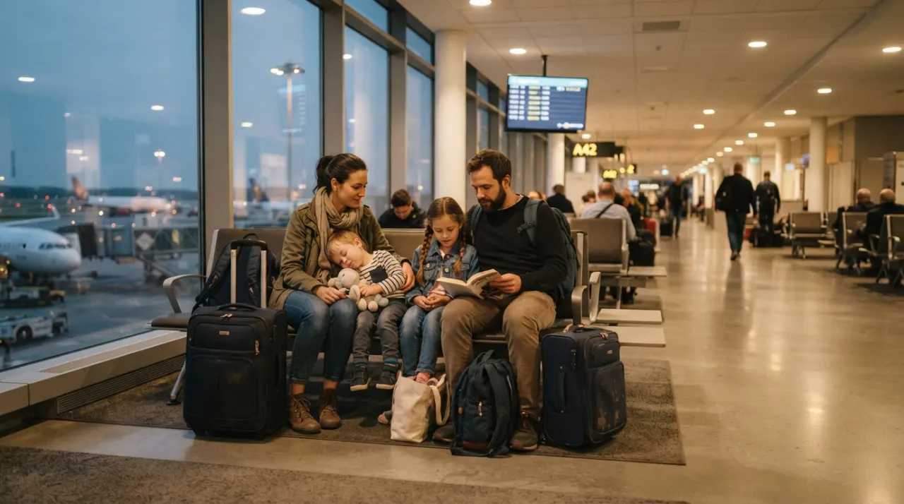 Family with children sitting near carry-on bags at an airport gate in the evening