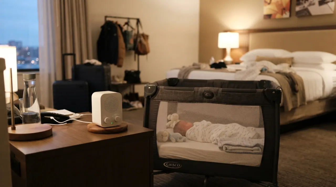 A compact sound machine on a hotel nightstand next to a travel crib with family luggage in the background