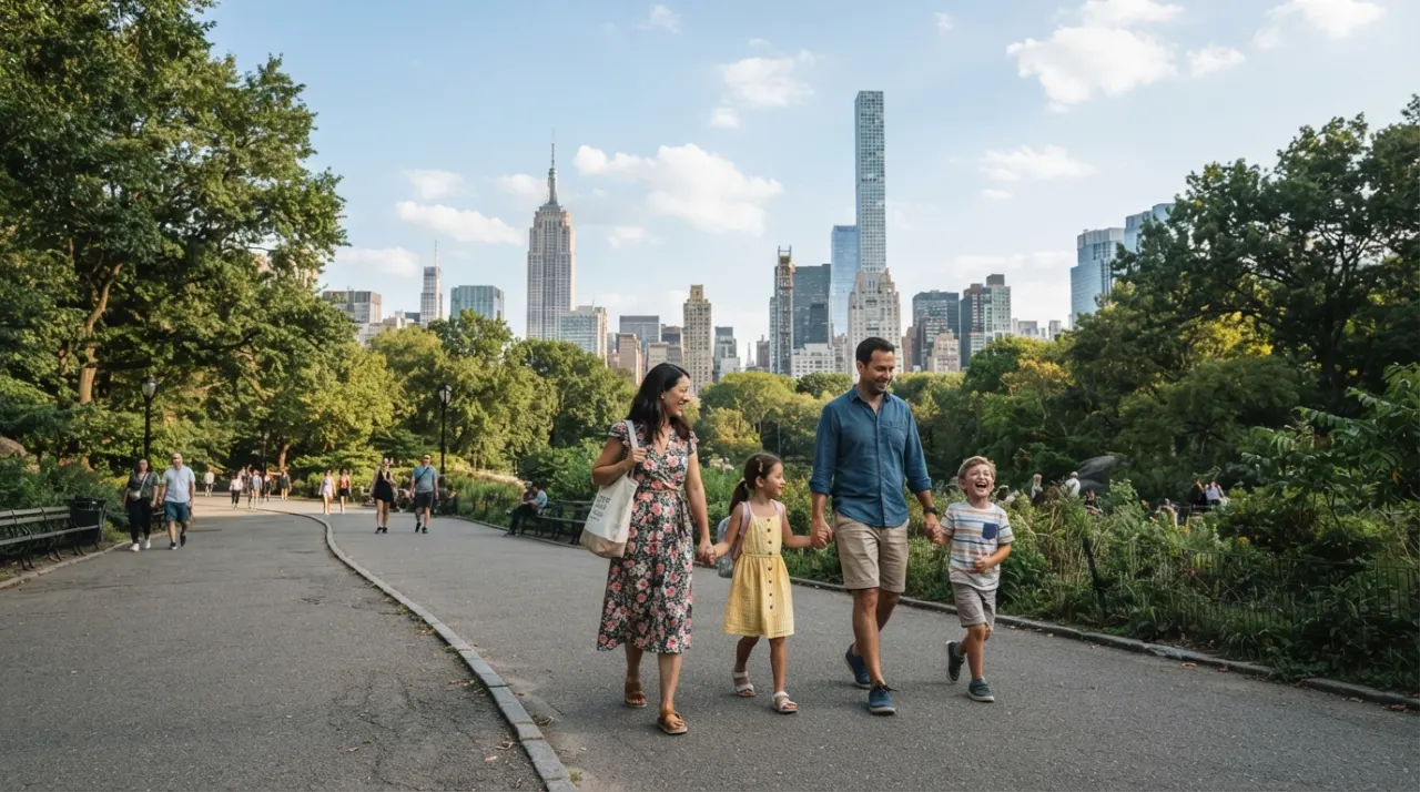 Family walking through Central Park with Manhattan buildings in the distance