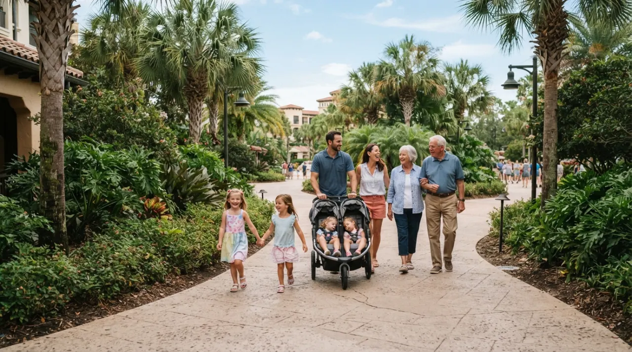 Grandparents, parents, and children walking together along a sunny Disney resort pathway with a stroller