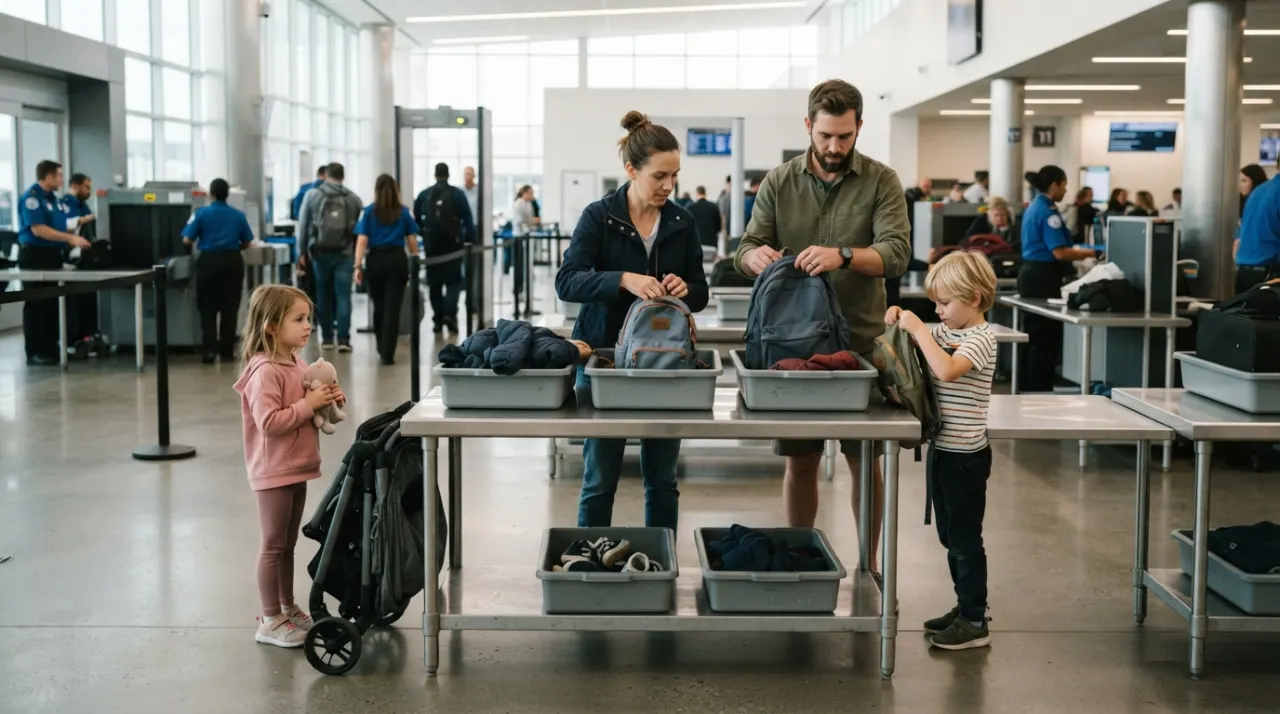 Parents helping young children organize carry-ons and a stroller near airport security bins