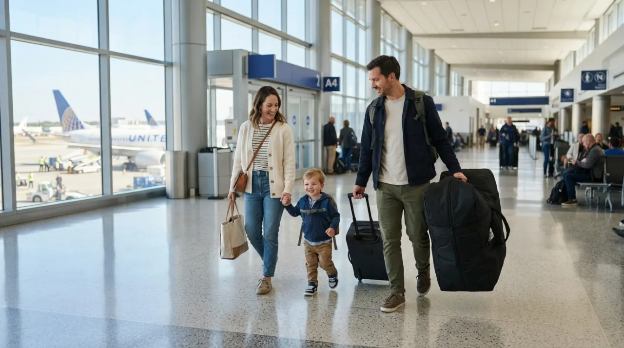 Parents in an airport terminal carrying child travel gear with a toddler beside their luggage