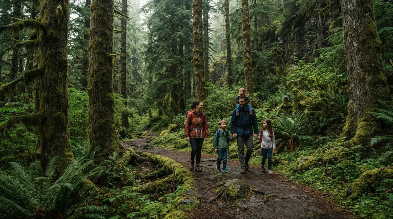 Family walking along a moss-covered forest trail beneath tall evergreen trees in Olympic National Park