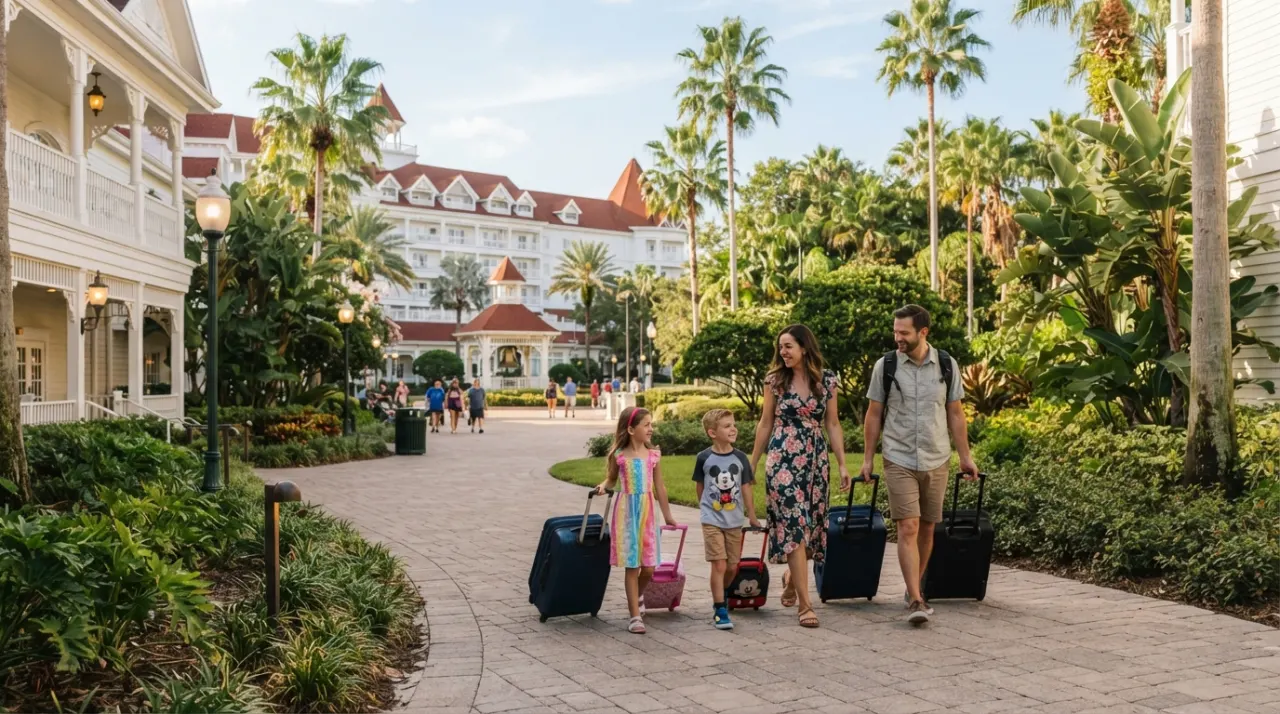 Family with children walking with suitcases along a sunny Disney resort path