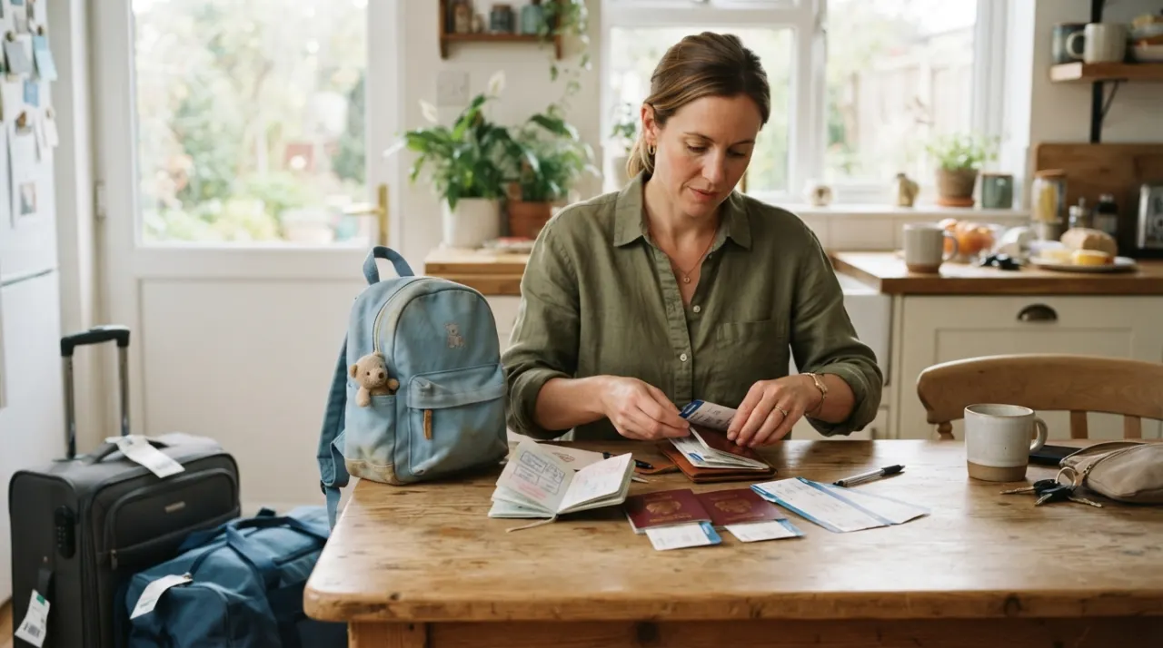 Parent organizing passports and travel papers beside packed family luggage and a child backpack