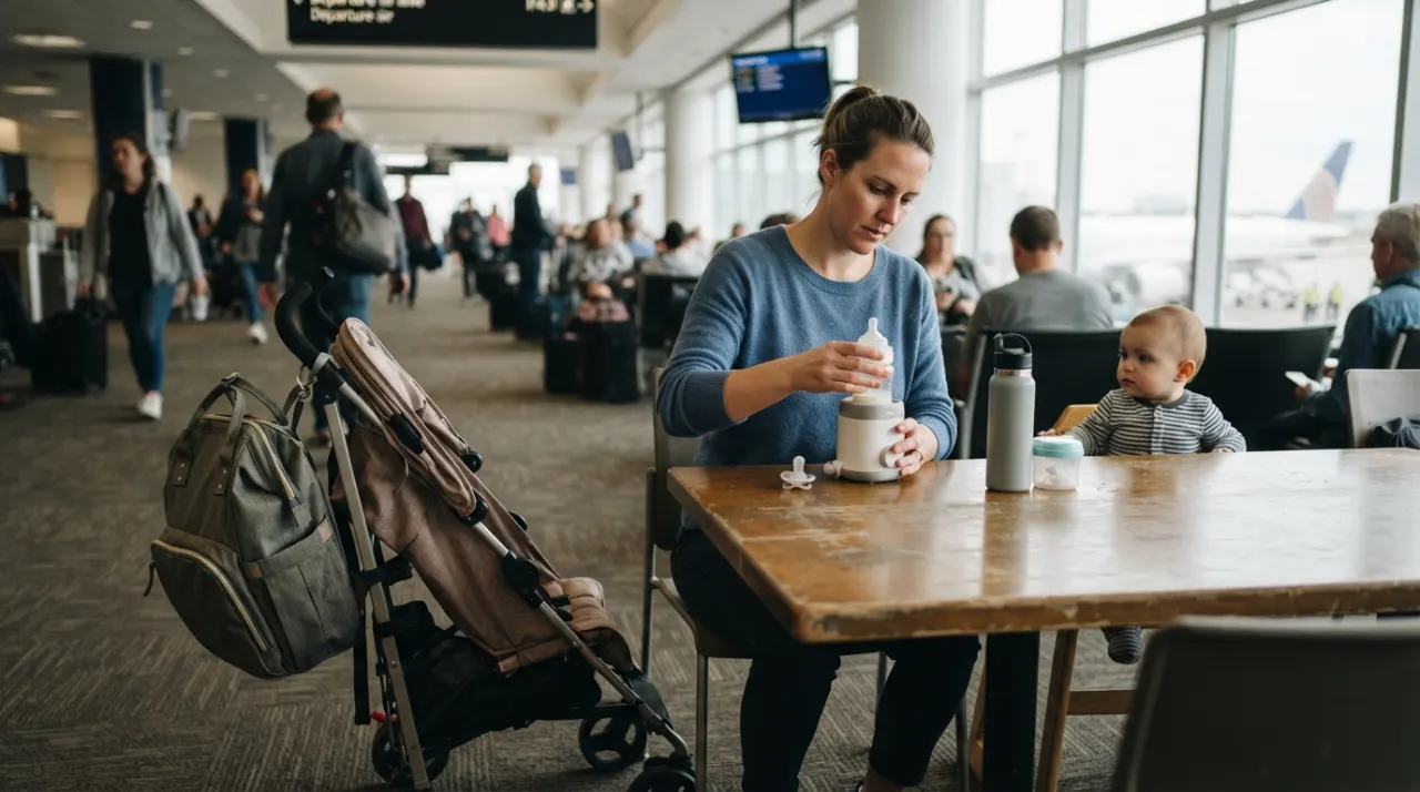Parent warming a baby bottle at an airport table with a diaper bag and stroller nearby